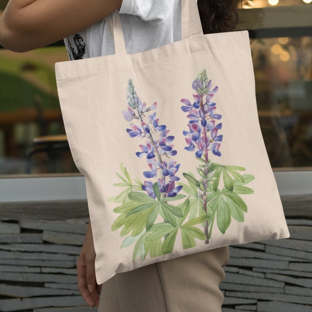 Summer Lupine Vintage Watercolor Floral Print Graphic Canvas Tote Bag